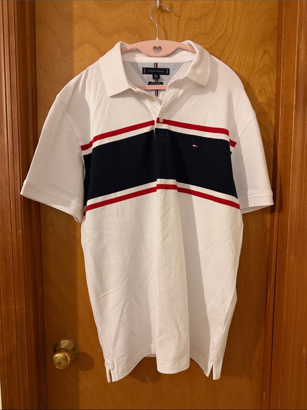 Tommy Hilfiger White Polo with Navy Chest Panel and Red Stripes